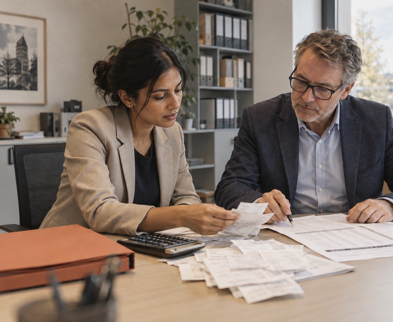 Accountant in her thirties going through sorted receipts and a statement with a client at the meeting table