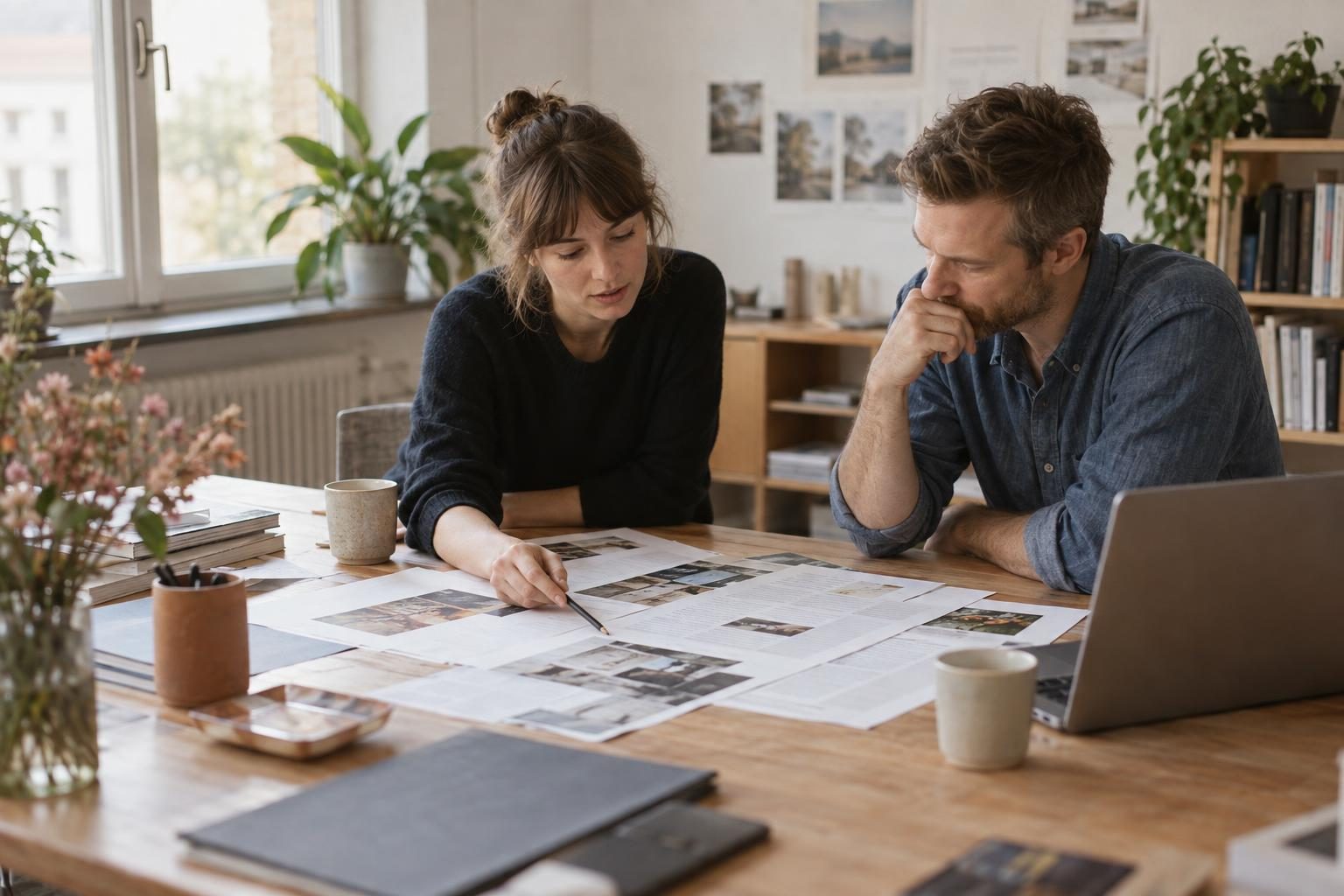 Two founders reviewing printed drafts at a work table, a laptop beside them