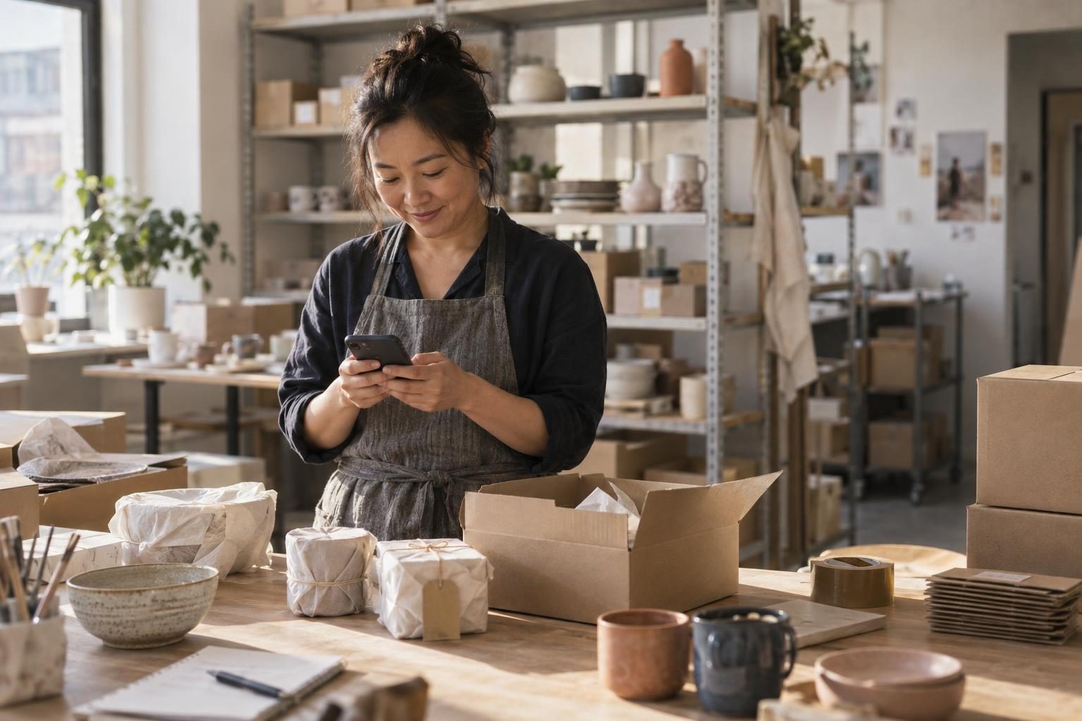 Inhaberin eines Online-Shops schaut zwischen Paketen lächelnd auf ihr Handy