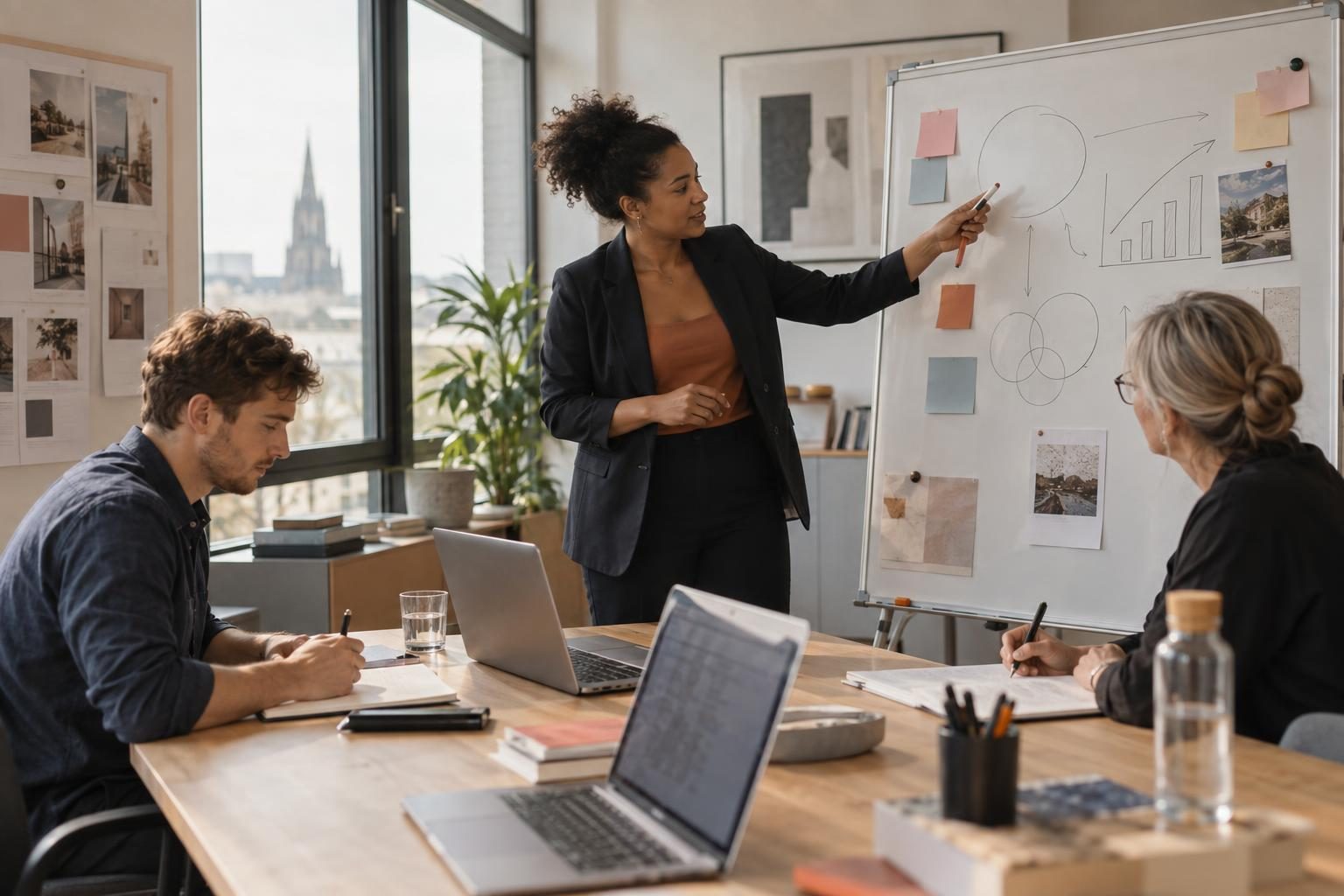 Head of marketing explaining a plan to her team at a whiteboard