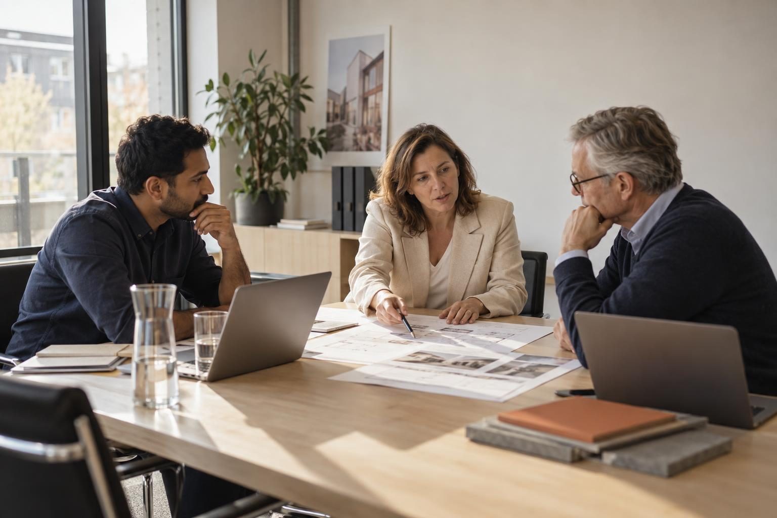 Team in a meeting with laptops at a long table